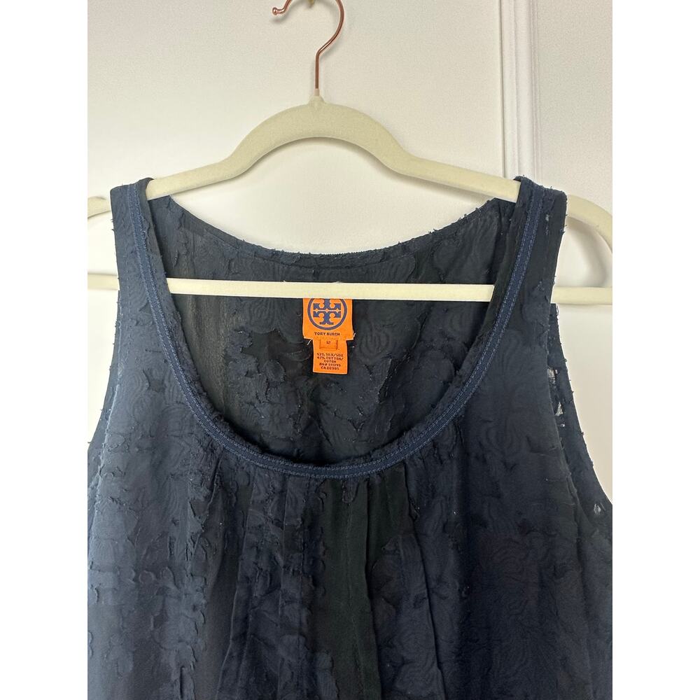 Tory Burch Navy Blue Silk Floral Textured Top Size 12 - Picture 2 of 6